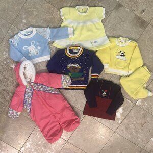Vintage Baby Toddler Clothing Lot 6 | 70s 80s Sweaters Snowsuit Bunting Dress